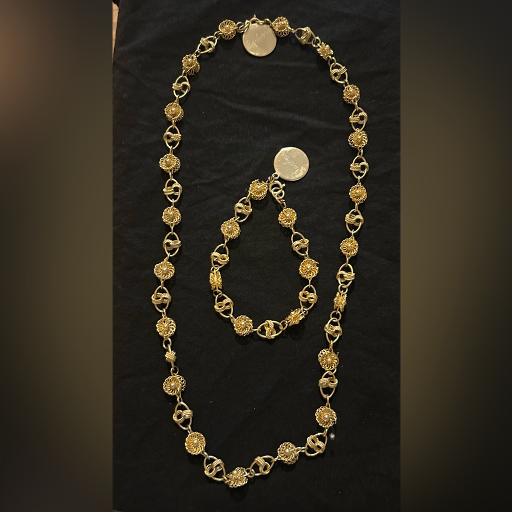 Vintage Necklace And Bracelet Monogram Filigree Bead And Faux Pearl Gold Tone
